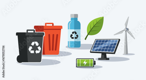 Sustainable energy solutions with recycling and renewable power sources like solar and wind power, plus battery storage for a greener future.