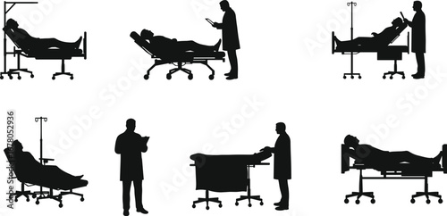 Silhouette doctor with patient on hospital bed, medical care illustration, healthcare professional consultation, patient treatment vector, clinical diagnosis, hospital examination
