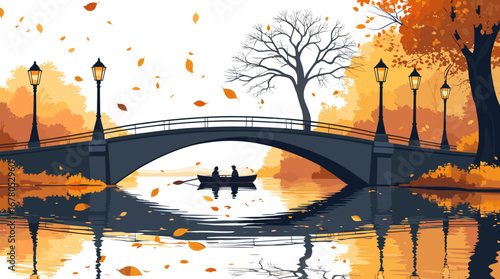 Serene autumn scene with couple rowing boat under illuminated bridge, falling leaves reflecting on water