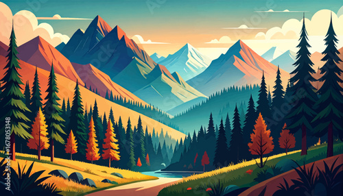 Scenic path through a forested mountain. Fall landscape with golden trees and peaks. Majestic peaks amidst forest and colors. Vibrant mountain wilderness in fall season. Peaceful mountain retreat