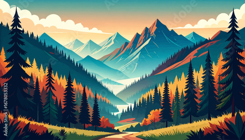 Autumnal mountain landscape with vivid hues. Sunset in the mountains with rich forest. Tranquil mountain valley with vibrant foliage. Autumn beauty in the forested mountains. Peaceful autumn forest