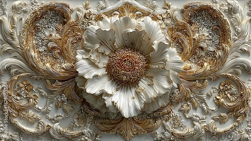 Ornate floral relief sculpture with white petals gold accents and detailed baroque flourishes