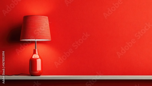 Red lamp on a shelf against a red wall