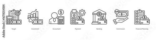 Financial Planning And Investment banner web icon set vector illustration concept with icon of target, investment, accountant, payment, banking, commission, financial planning