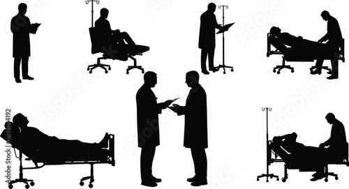 Silhouette doctors with patients in hospital, medical care teamwork, healthcare consultation, patient treatment vector, clinical diagnosis, hospital 