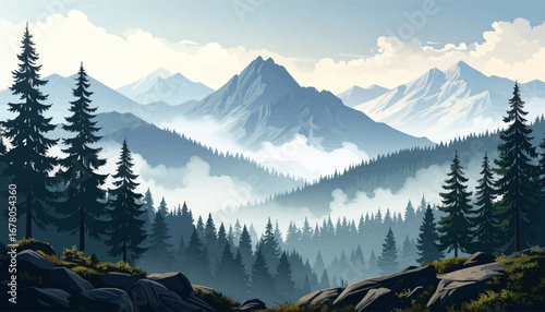 Majestic mountain forest scenery. Misty mountain landscape with trees. Serene foggy forest in mountains. Mountain view with pine trees. Morning mist in mountain valley
