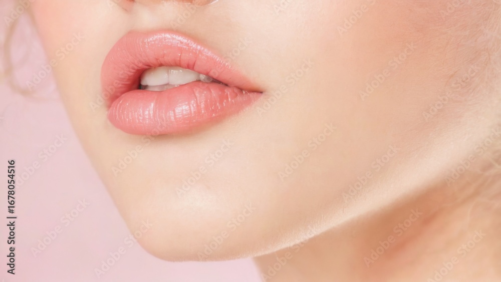 Obraz premium Closeup of woman's full, glossy light pink lips with smooth skin, styled hair, and blurred background.