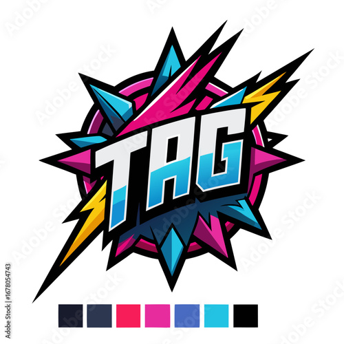 Spiked Vector Tag Logo with Electric Color Palette for Futuristic Team Identity