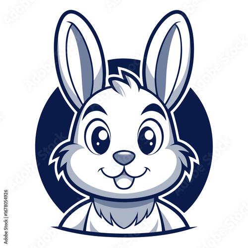 Monochrome Line-Art Rabbit Mascot with Rounded Cheeks on Navy Background