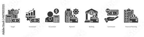 Financial Planning And Investment banner web icon set vector illustration concept with icon of target, investment, accountant, payment, banking, commission, financial planning