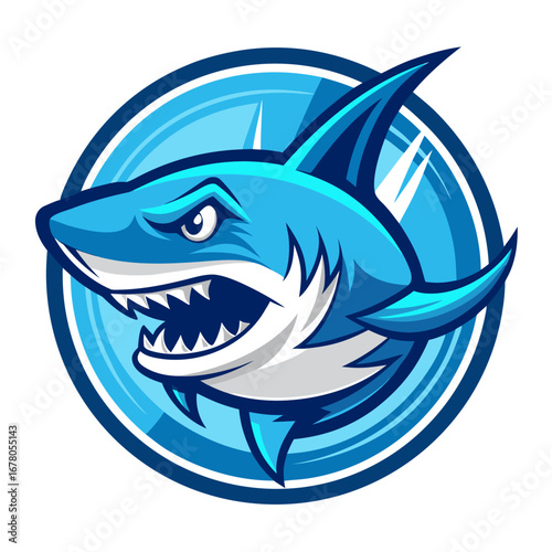 Energetic Blue Shark with Open Jaws and Action Lines in Circular Team Badge