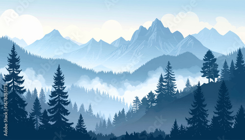 Mountain landscape with misty view. Serene misty forest with mountain peaks. Tranquil mountain scene with pine trees. Foggy mountainous terrain in dawn light. Majestic peaks surrounded by fog