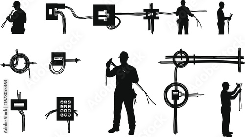 Silhouette electrician working with cables, wiring installation, electrical panel, utility maintenance, construction worker, repair tools, engineering, safety, power lines, energy system