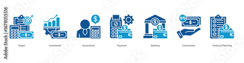 Financial Planning And Investment banner web icon set vector illustration concept with icon of target, investment, accountant, payment, banking, commission, financial planning