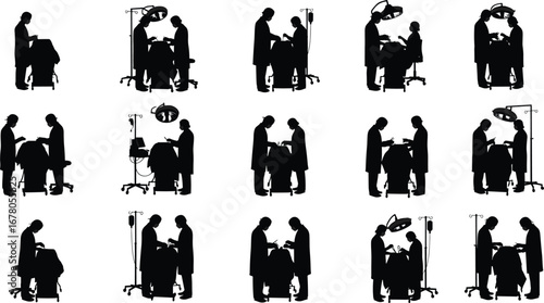 Silhouette doctors, surgeons, nurses, operating room, surgery table, medical operation, healthcare professionals, hospital teamwork, patient care, surgical instruments, treatment scene