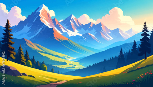Vibrant mountainous scenery with a peaceful trail. Lush green valley beneath towering snow-capped peaks. Majestic mountain peaks with clear blue skies. Stunning hiking trail in a mountainous landscape