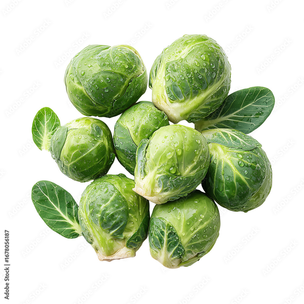 Fototapeta premium Fresh Brussels sprouts with visible water droplets, isolated on transparent background