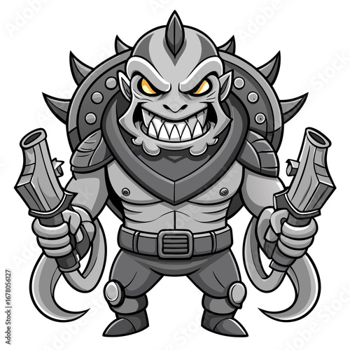 Grayscale Cartoon Cephalopod Warrior with Menacing Grin and Tactical Gear