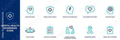 Mental Health Awareness Blue Colored Outline Icon Set