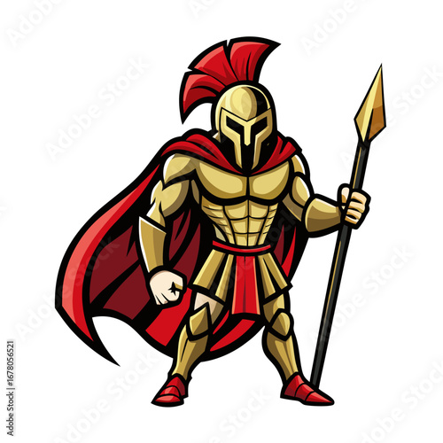 Heroic Classical Warrior Mascot with Cape and Spear in Vector Style