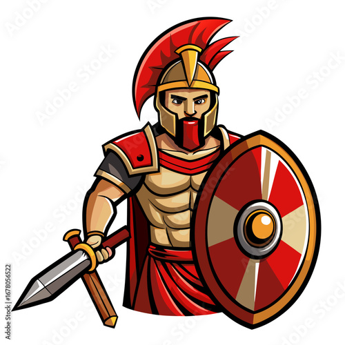 Roman Gladiator with Sword, Shield, and Red Plume in Traditional Armor