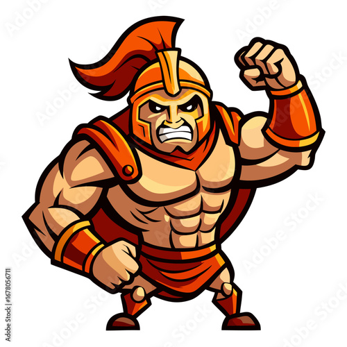 Strong Gladiator Mascot Flexing in Cartoon Realism with Bold Shadows