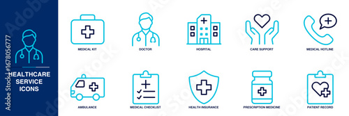 Healthcare Service Blue Colored Outline Icon Set