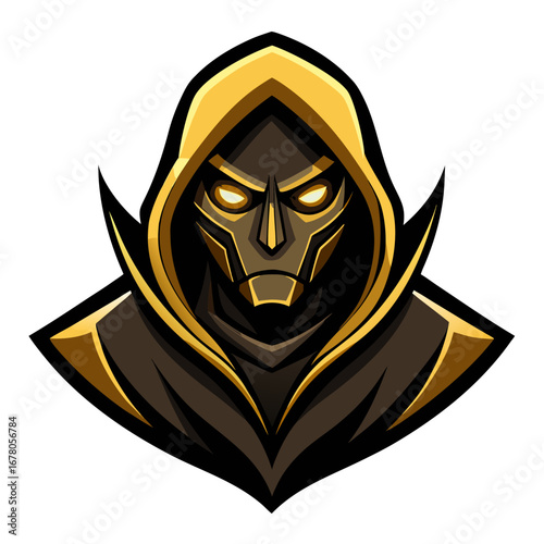 Dark Hooded Figure in Gold and Black with Glowing Eyes for Stealth Branding
