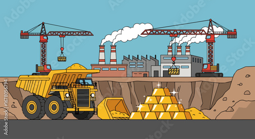 A vibrant illustration of a mining operation, where heavy machinery and industrial factories work to transform raw earth into a gleaming, valuable stack of pure gold bars.
