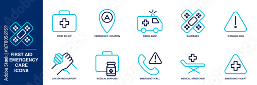 First Aid and Emergency Care Blue Colored Outline Icon Set