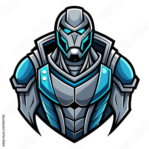 Cyber Soldier Mascot in Gray and Cyan with High Contrast Dark Badge