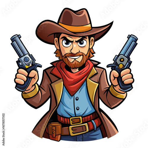 Comic-Style Cowboy Gunslinger Mascot in Leather Gear with Revolvers