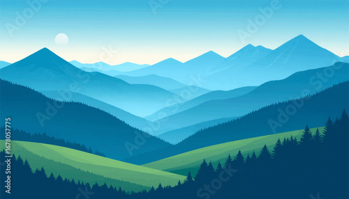 Rolling hills under a clear blue sky. Lush valley with distant mountain peaks. Gorgeous landscape with green meadows. Beautiful view of nature and mountains. Vibrant valley with a blue mountain backdr