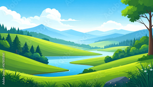 Rolling hills and peaceful river view. Nature beauty with green hills and sky. Fresh spring landscape with mountains. Breathtaking hills, water, and sky view. Sunny scenic nature landscape artwork