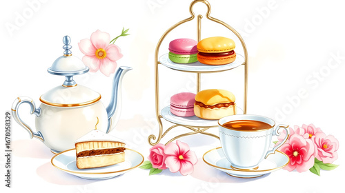 Watercolor illustration of British afternoon tea,tea break in the English style,tea set with Afternoon tea stand with macaroons and scone,cake,cup of tea,Tea time dessert table,vintage style.