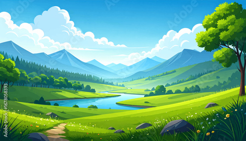Peaceful mountain valley landscape. Beautiful nature with river and trees. Tranquil scenic countryside view. Serene green meadow with river. Vivid mountain valley with clear sky