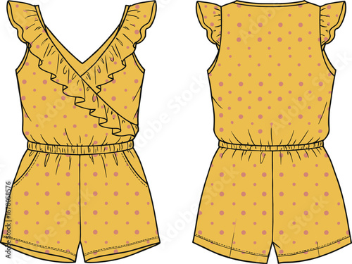 Girls’ polka dot ruffle sleeve romper CAD drawing, flat vector fashion sketch with V-neck, elastic waist, and shorts design