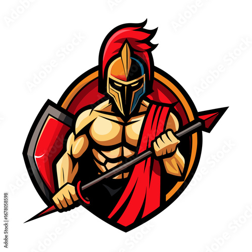 Fierce Spartan Warrior in Red and Bronze with Spear and Shield in Dynamic Pose