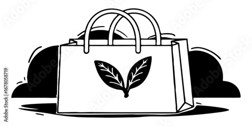 Illustration of a shopping bag with handles and a leaf design against a cloud like background element
