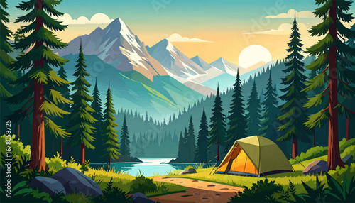 Tent nestled in a serene mountain forest. Peaceful lakeside camping in mountain view. Majestic peaks with a campsite in the forest. Beautiful sunset over a mountain campsite