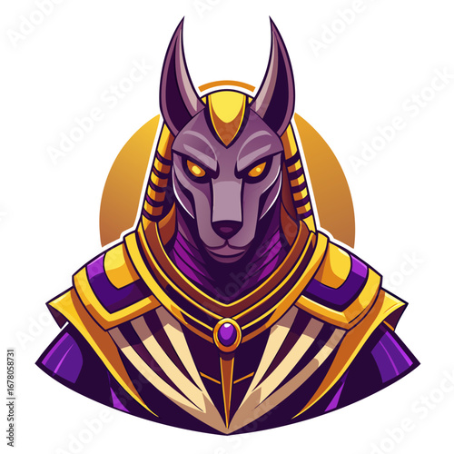 Mythical Egyptian Anubis in Purple and Gold Armor with Tribal Motifs