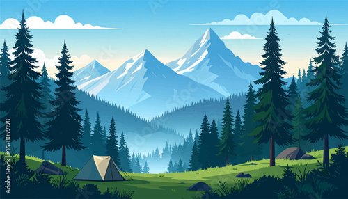 Wilderness camping with clear mountain view. Sunset camping in a forest with lake. Mountain camping retreat with clear skies. Hiking and camping in a tranquil valley. Summer camping in the wilderness