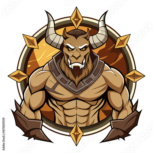 Powerful Minotaur with Curled Horns and Cracked Stone Frame for Heroic Badge
