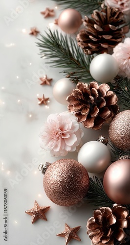 Festive Christmas ornaments in rose gold and white, arranged on a marble surface with pine branches and lights
