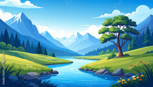 Mountain river with lush green trees. Scenic river in a mountainous landscape. River and green hills under blue sky. Tranquil mountain river and scenic view. Idyllic river in green mountain terrain