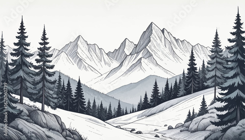 Frozen mountains and lush pine trees. Snowy valley with distant peaks. Winter snow over towering mountains. Clear winter day in the mountains. Tranquil mountain landscape in snow