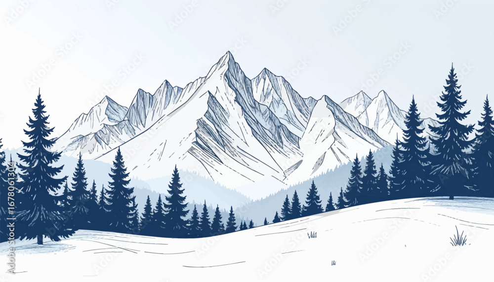 Obraz premium Stunning mountain landscape in winter. Pine trees and snow-covered mountains. Snowy mountains with evergreen trees. Majestic snow-covered mountains. Snow-covered peaks and alpine forest