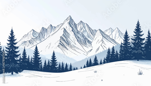 Stunning mountain landscape in winter. Pine trees and snow-covered mountains. Snowy mountains with evergreen trees. Majestic snow-covered mountains. Snow-covered peaks and alpine forest