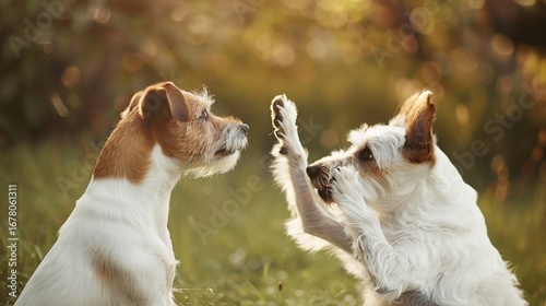 Dog high five themed images suitable for multiple scenarios, which can meet the needs of pet social sharing, pet product promotion matching, cute pet content creation, children's picture book illustra