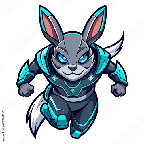 Futuristic Rabbit Mascot Mid-Leap with Cybernetic Patterns and Glow